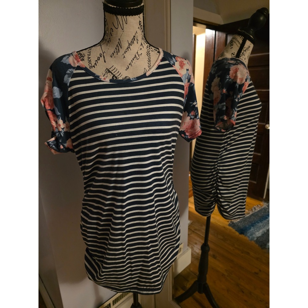 Maternity Top Navy Blue White Striped Floral Raglan Sleeve Ruched Side Shirt